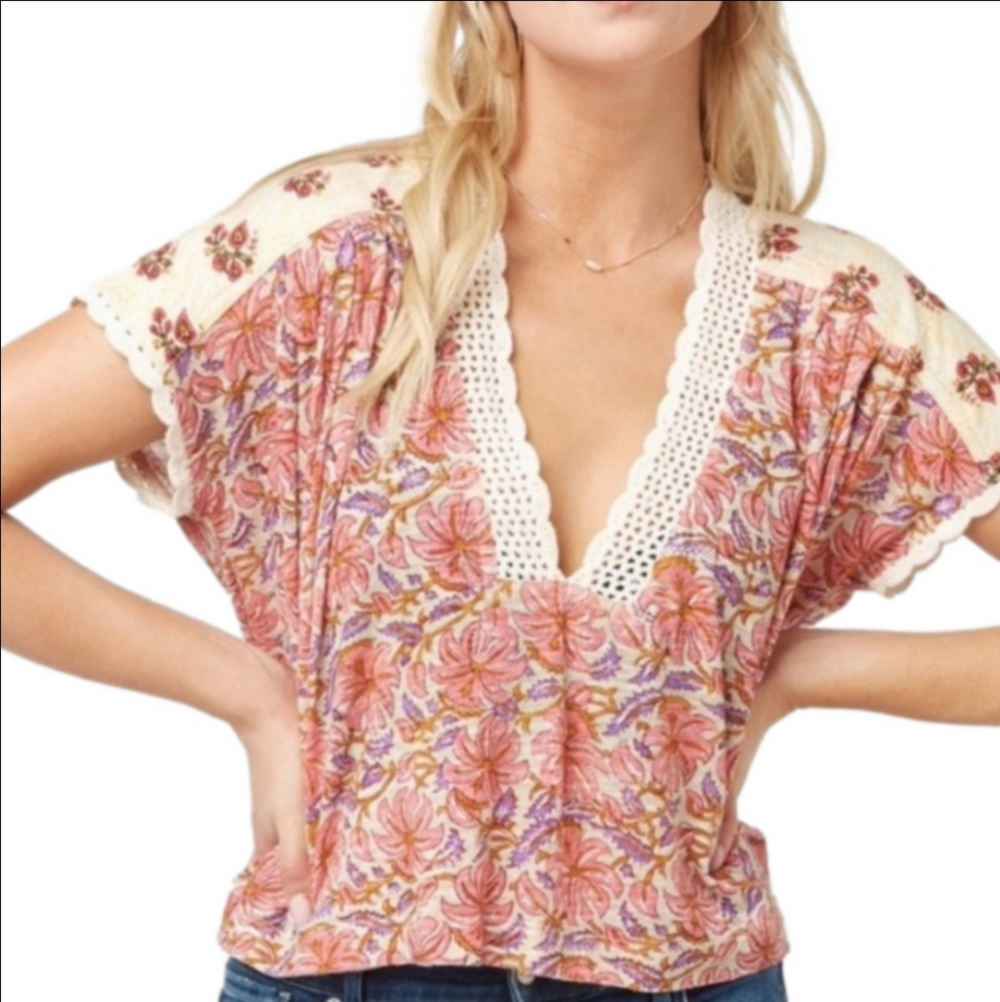 Free People Leilani Floral Lace Trim Relaxed Oversized Crop Top
